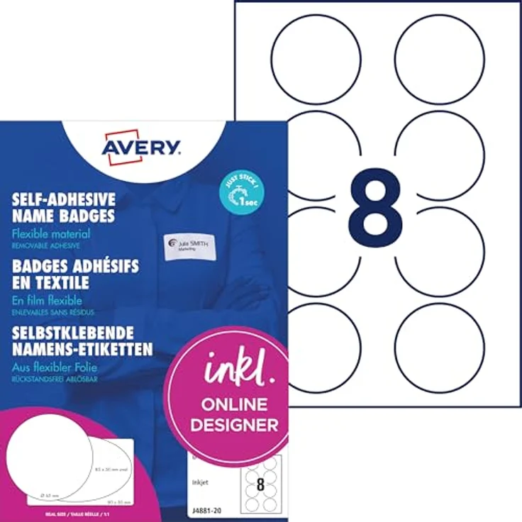 AVERY Zweckform J4881-20, 160 Namensetiketten, selbstklebend, weiß, 65,0 x 65,0 mm auf A4-Bogen – Bild 1