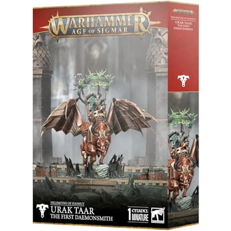 Games Workshop W-AOS: Helsmiths of Hashut - Urak Taar The First Daemonsmith, mehrteiliges Kunststoff-Set mit 76 Komponenten, unbemalt, auf 130 mm Citadel-Basis – Bild 1