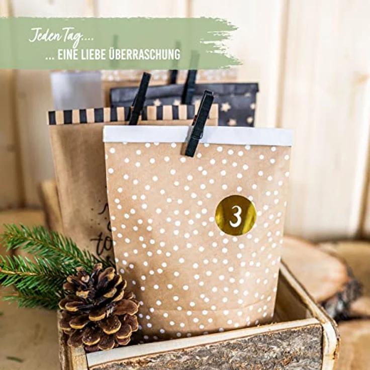 OEM Weihnachtskalender, Adventskalender-Set mit 24 braunen Kraftpapiertüten (14x22cm) und Zahlenaufklebern – Bild 3