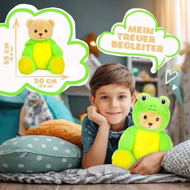 BRUBIES Teddy Frosch, 25 cm Plüschtier im Froschkostüm mit abnehmbarer Kapuze, extra weiches Kuscheltier für Kinder, pflegeleicht – Bild 4