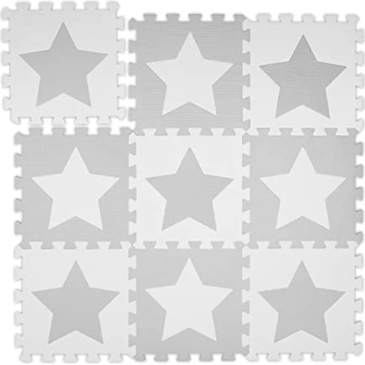 Relaxdays Puzzlematte Sterne, 9 Stück, 18 Teile, Eva Schaumstoff, schadstofffrei, Spielunterlage 91 x 91 cm, hellgrau – Bild 1