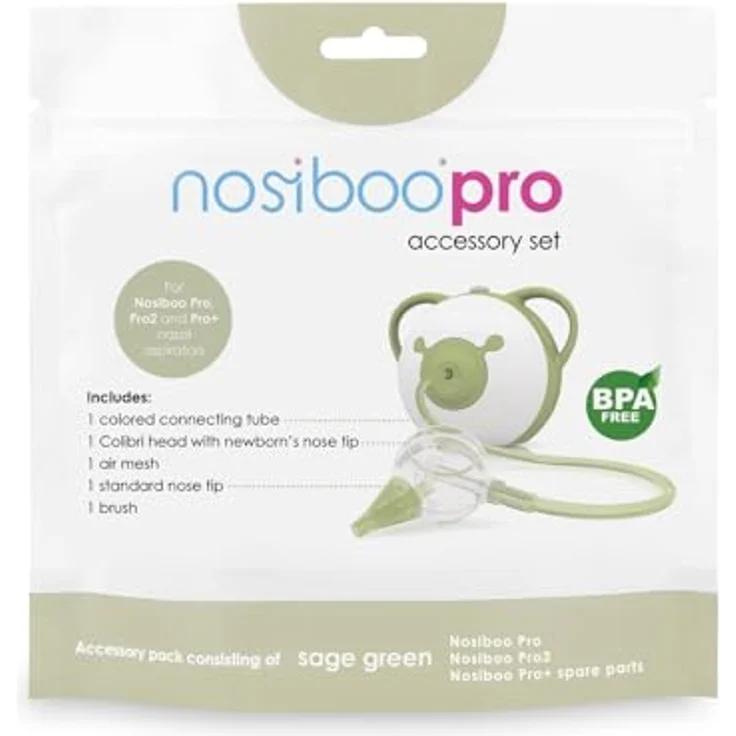 nosiboo Ersatzpackung für elektrischen Nasensauger Pro, Hygieneset mit Colibri-Kopf und Saugspitzen, Salbei – Bild 1