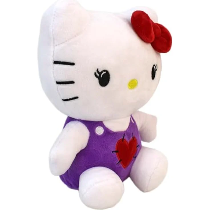 BEMIRO Kuscheltier Katze, ca. 25 cm Plüschfigur in lila Outfit mit gesticktem Herz und roter Schlaufe zum Aufhängen, flauschig weich und dekorativ – Bild 4