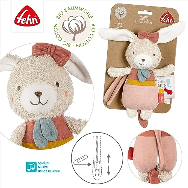 Fehn Mini-Spieluhr Hase fehnNATUR – Kuscheltier & Einschlafhilfe mit Baumwolle (kbA) – Melodie „Mozarts Wiegenlied“ beruhigt in jeder Situation zuhause & unterwegs – für Babys & Kleinkinder – Bild 4