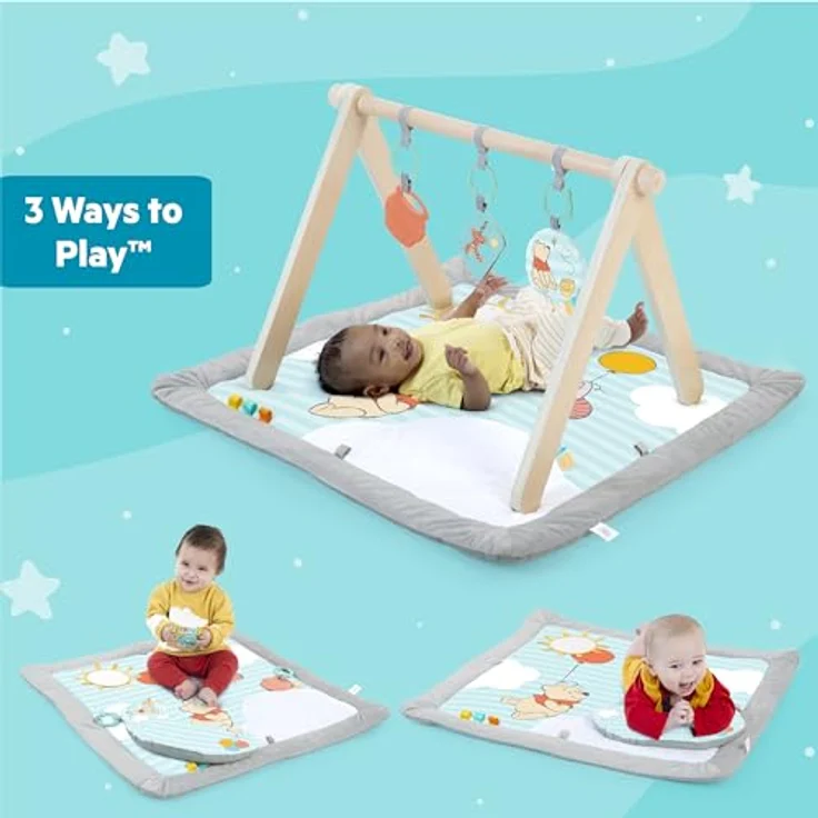Bright Starts Disney Winnie PUUH Once Upon a Tummy Time Baby Aktivitätenmatte mit Holz-Spielzeugstange, Blau, für Neugeborene – Bild 2