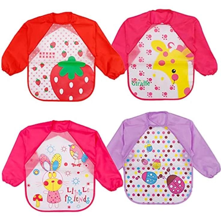 Baogaier Lätzchen Baby Wasserdichte Lange Aermel Kinder Mädchen Waschbar Babylätzchen zum Bemalen BPA Frei Abwaschbar Verstellbare Einfache Reinigung Schürze Essen Kunst Handwerk Spielen Rot Pink 4PCS – Bild 2