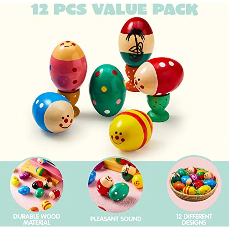 JOYIN 12 Stück Hölzerne Eierschüttler Maracas, 3 Zoll Rhythmusinstrumente für Kinder, Ungiftig und sicher, Ideal für Ostern und Schulprojekte – Bild 3