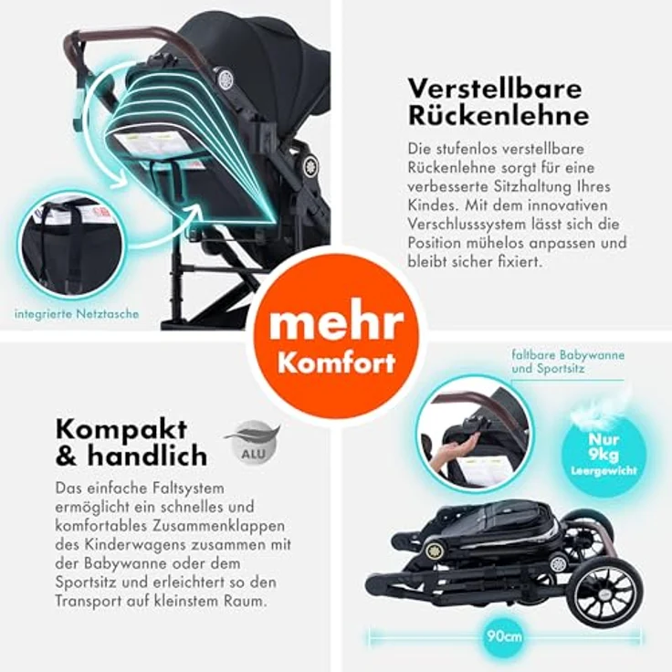 Daliya® NEOMOVE 2in1 Kombi-Kinderwagen, klappbare Babywanne und Sportsitz, große pannensichere Räder, stufenlos verstellbare Rückenlehne, leichter Alu-Rahmen, großer Einkaufskorb, Schwarz-Schwarz – Bild 4