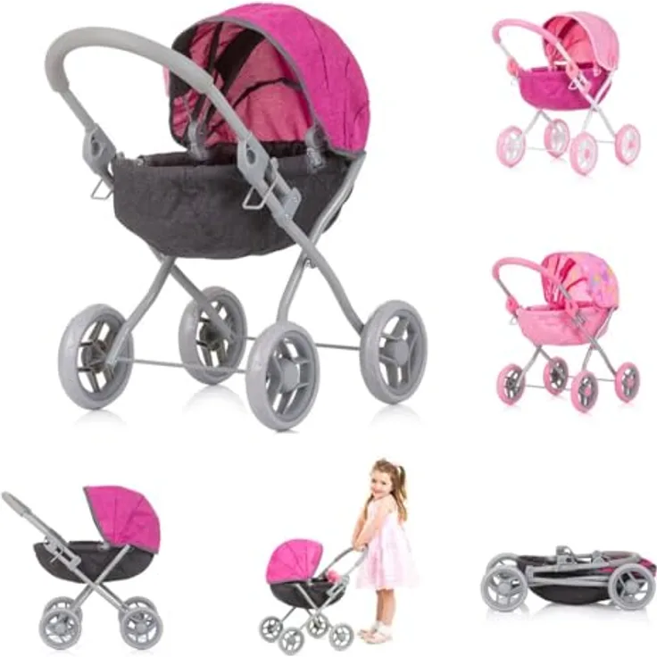Chipolino Puppenwagen Daisy klappbar, Sonnendach, Vier große Räder, ab 3 Jahren, grau pink