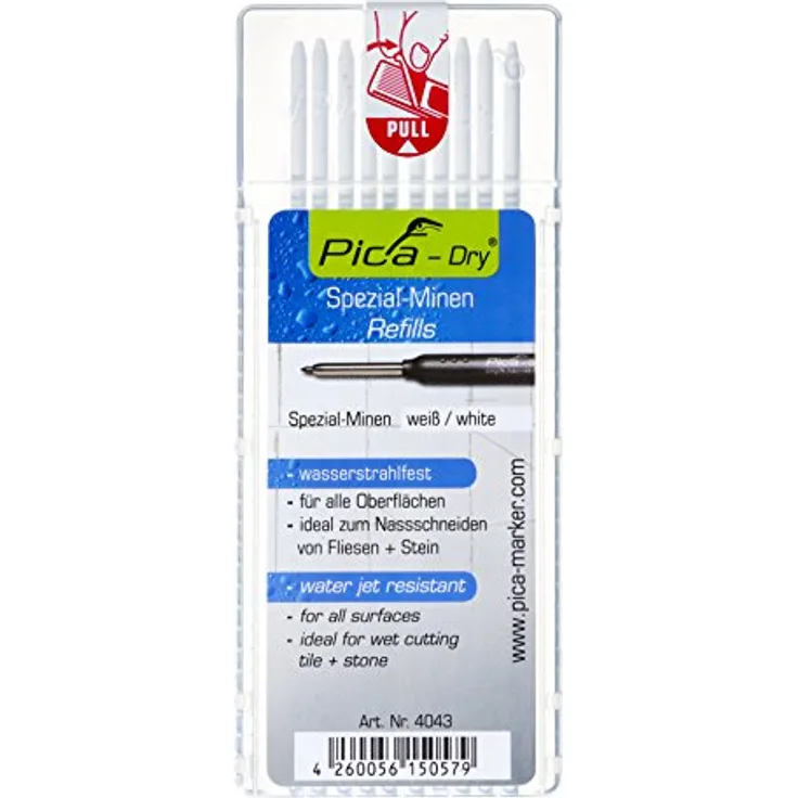 Pica Marker 4043, Wasserstrahlfeste Filzstifte, Set mit 10 weißen Minen, chloridfrei, ideal für Fliesen und Stein