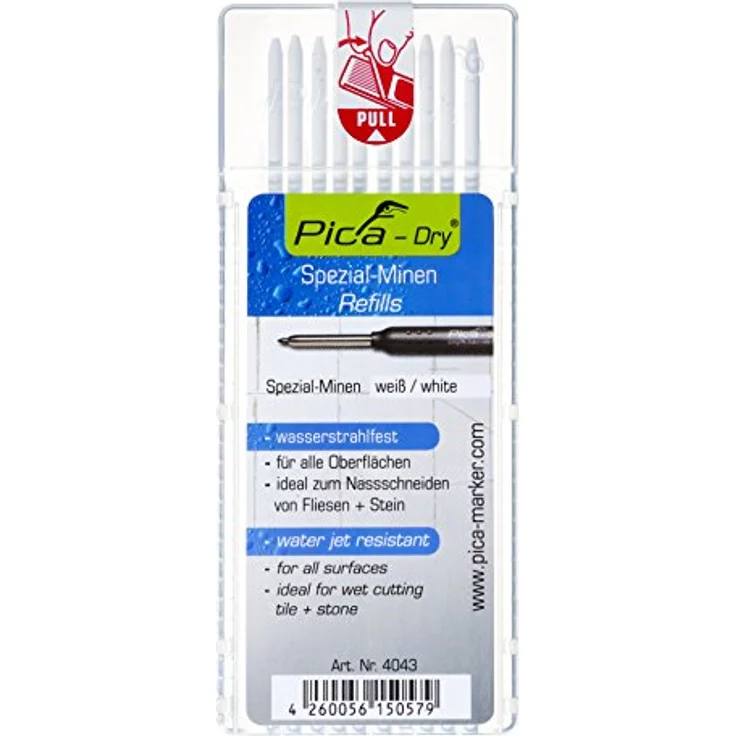 Pica Marker 4043, Wasserstrahlfeste Filzstifte, Set mit 10 weißen Minen, chloridfrei, ideal für Fliesen und Stein – Bild 1