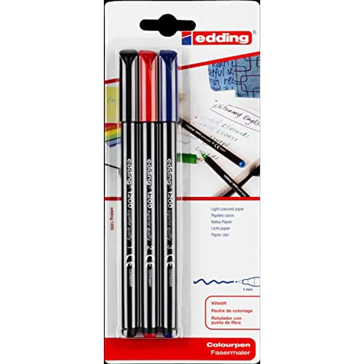 Edding 1200 Fasermaler fein - schwarz, rot, blau - Rundspitze 1 mm - Filzstift zum Zeichnen und Schreiben - für Schule, Mandala – Bild 1