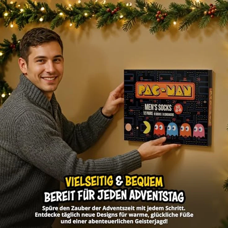 United Labels Pac-Man Adventskalender, 12 Paar Herrensocken Größe 40-45, Sneaker und lange Socken, offizielles Merchandise für Retro-Gaming-Fans – Bild 3