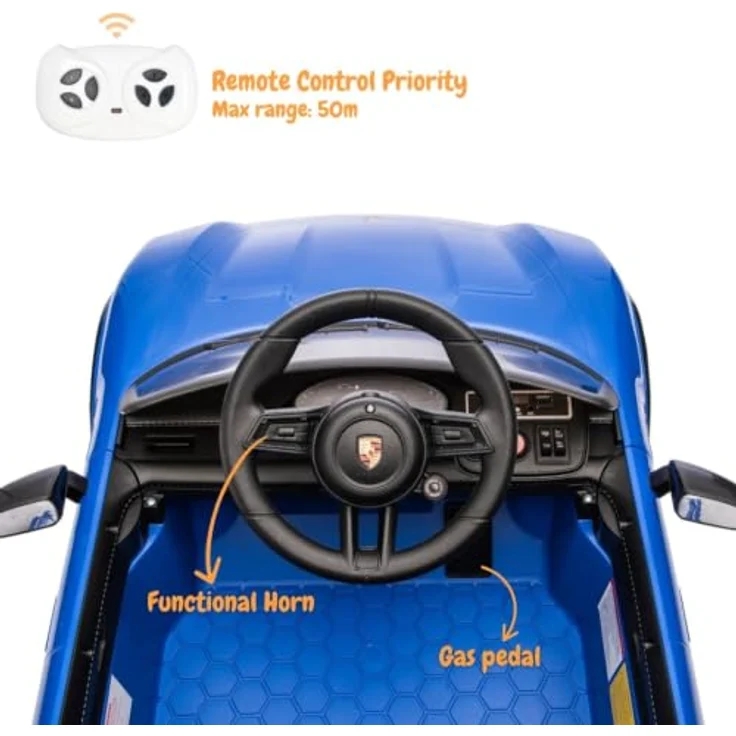 Vrooomy Porsche Taycan Turbo S Kinder Elektroauto, 12V mit Fernbedienung, für 1 bis 5 Jahre, Blau, MP3-Player, LED-Scheinwerfer, sanfter Anlauf – Bild 4