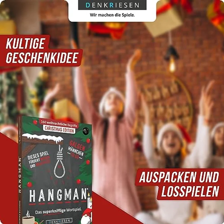 DENKRIESEN Hangman Christmas Edition Galgenmännchen to GO - Spielblock mit 160 familientauglichen Begriffen - Reisespiel in Hosentaschenformat - Wichtelgeschenkidee – Bild 5