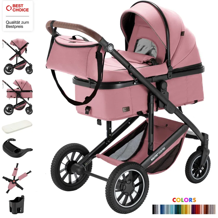 Daliya FLEXI-PRO 2in1 Kombikinderwagen & Buggy, umstellbar zum Sportwagen, sicher mit 5-Punkt-Sicherheitsgurt, großer Einkaufskorb, rosa Leinen