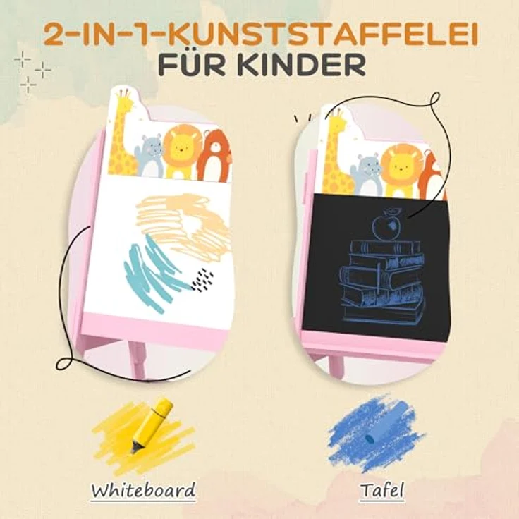 AIYAPLAY Kinder Staffelei 2-in-1, doppelseitige Tafel mit Kreidetafel und Whiteboard, inkl. 2 Aufbewahrungsboxen, rosa, für Kinder 3-8 Jahre – Bild 3