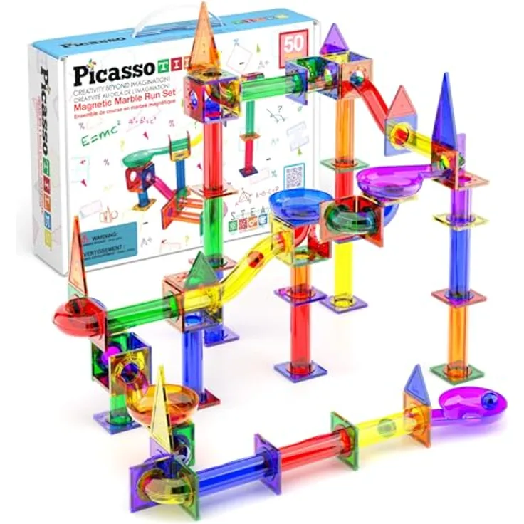 PicassoTiles Murmelbahn 50-teilige Magnetfliesen-Rennbahn Spielzeug-Set, Bauen & Lernen, pädagogische Magnetkonstruktion, Kinder-Gehirn-Entwicklungs-Kit | Jungen Mädchen ab 3 Jahren, bunt