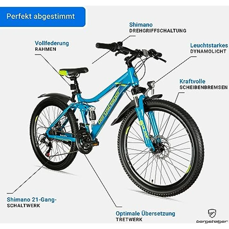 Bergsteiger Broome 26 Zoll Kinderfahrrad, Shimano 21 Gang-Schaltung, StVZO, Mountainbike mit Vollfederung, Scheibenbremsen & Dynamo-Licht, geeignet für 8, 9, 10, 11, 12, 13 Jahre, Jungen & Mädchen – Bild 5