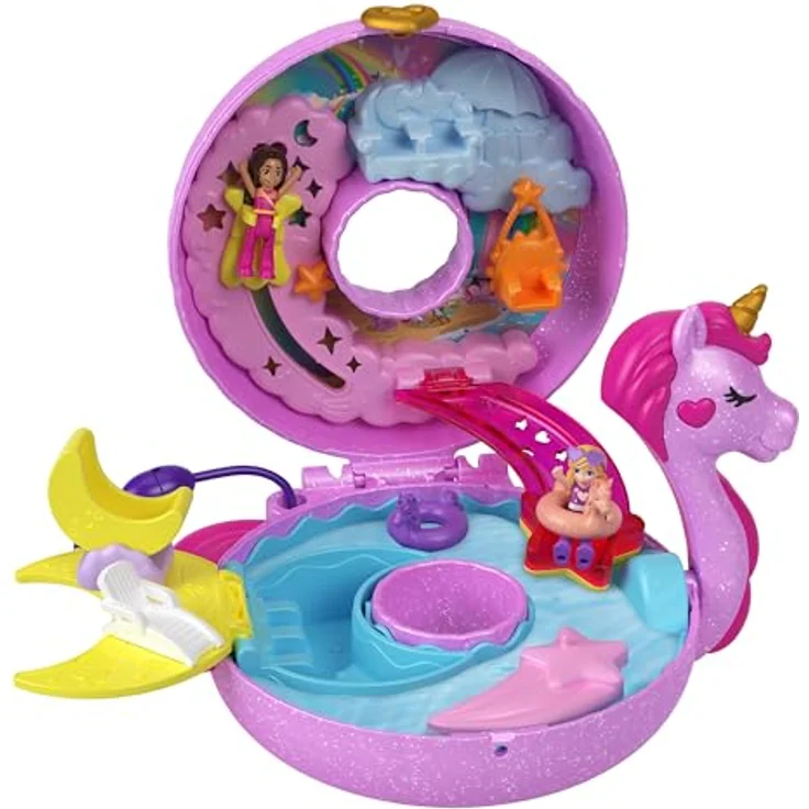 Polly Pocket-Puppen und -Spielsets, 12 Zubehörteile, Einhornfloß-Schatulle mit Wasserspaß und 2 Teilen mit Farbwechseleffekt, HKV34 – Bild 4