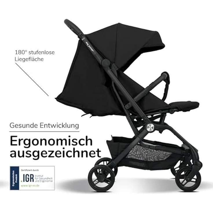 my junior® Buggy PICO² | bis 22kg | Einhand AutoFold-Klappmechanismus | Ergonomische Liegeposition nach IGR e. V. | großes Sonnenverdeck UV50+ | Handgepäckmaß | 2 Belüftungsfenster - Black Night – Bild 4