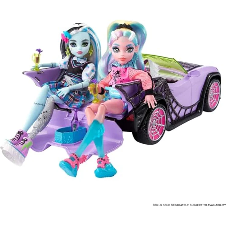 MONSTER HIGH Ghoul Mobile - Lilafarbenes Cabrio mit schillernden Spinnennetzen, plüschigem Innenraum und Eiskühler in Sargform, Platz für 4 Monster High-Puppen, Puppen nicht enthalten, HHK63 – Bild 5