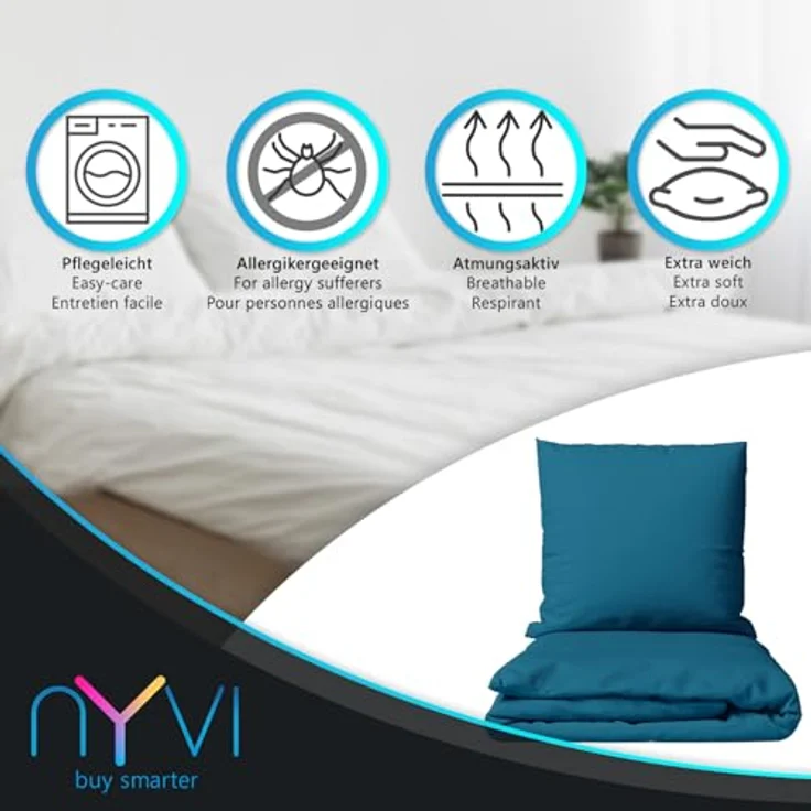 NYVI Bettwäsche Set DreamScience Mikrofaser Uni 135x200 + 80x80 cm, Petrol - Atmungsaktiv, Pflegeleicht, Oeko-TEX Zertifiziert für Allergiker – Bild 3