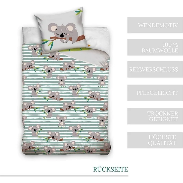 MTOnlinehandel Bettwäsche Koala 135x200 + 80x80 cm, 100 % Baumwolle, Renforcé, 2 teilig, chillige Bettwäsche für Kinder, Jugend & Erwachsene – Bild 2