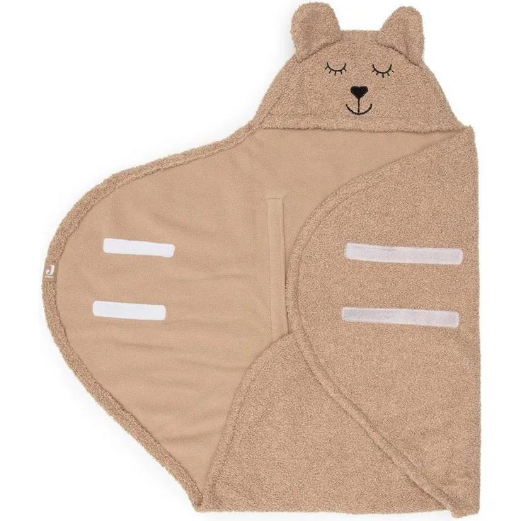 Jollein Einschlagdecke Puckdecke für Babyschale, flauschige Felloptik, wunderbar weich, Bärengesicht-Mütze, 100cm, blau