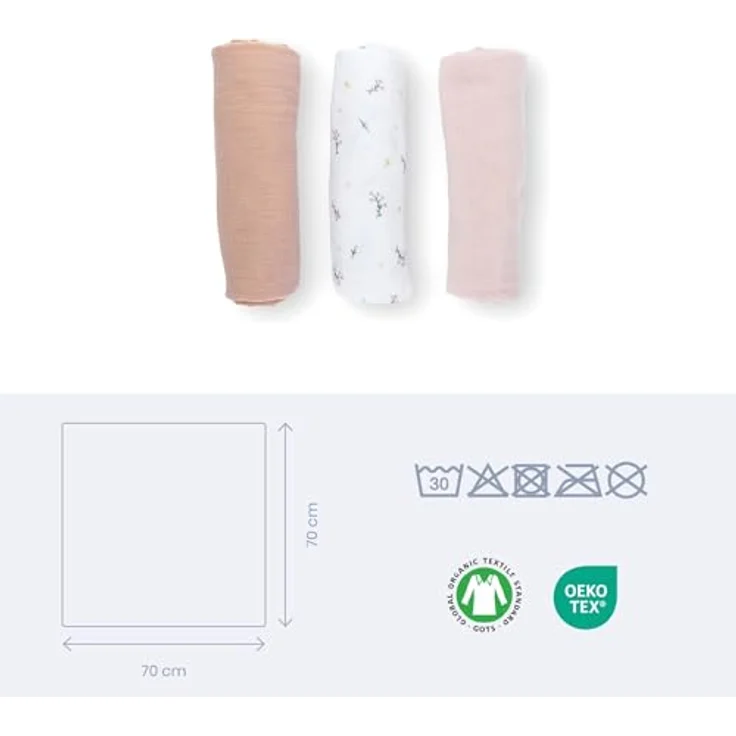 Doomoo 3er-Set Mulltücher Baby, 70x70 cm, Bio-Baumwolle, extra weich & saugfähig, waschbar, Rosa – Bild 4