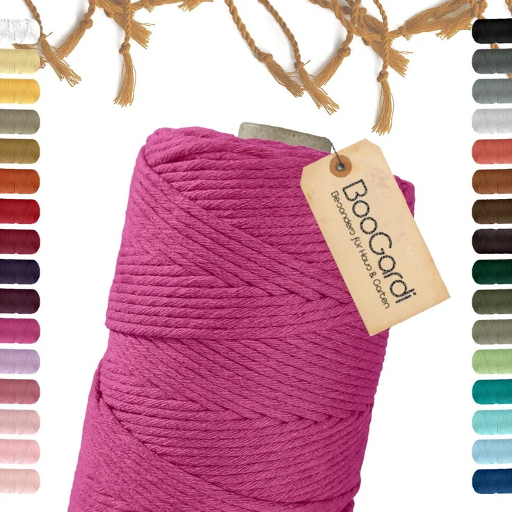 BooGardi Makramee Garn Bastelgarn, 3mm x 200m 100% Baumwolle, Magenta 2 Stärken Macramee Kordel Band – Bild 1