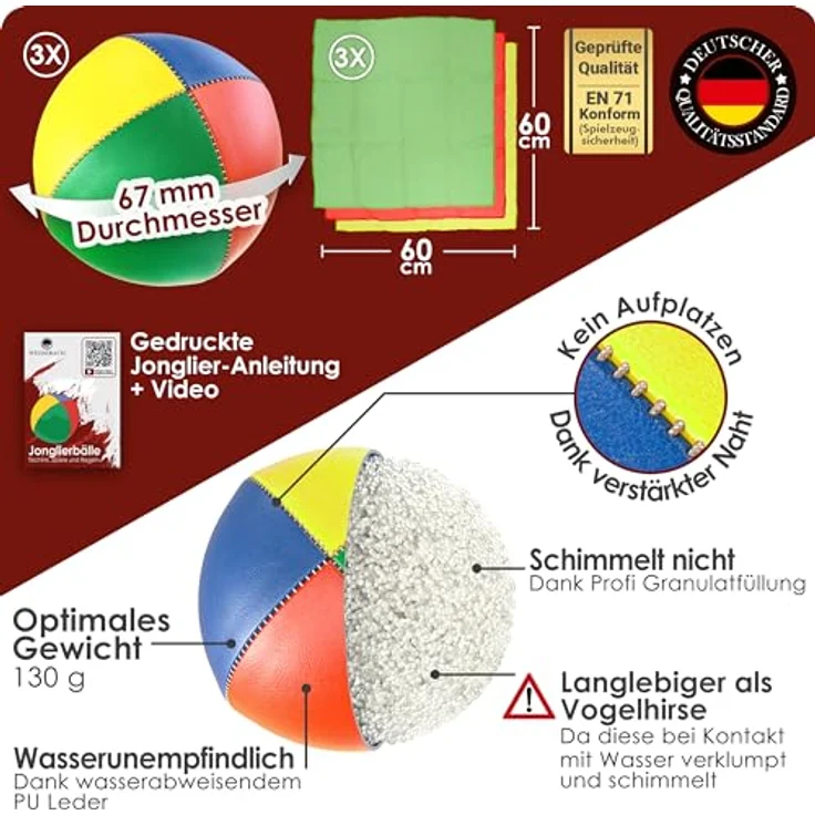 Weidebach® 3X Qualitäts Jonglierbälle Set, 130g, Ø 67 mm, wasserunempfindlich, inkl. 3 Jongliertücher und Anleitung, ideal für Anfänger und Profis – Bild 4