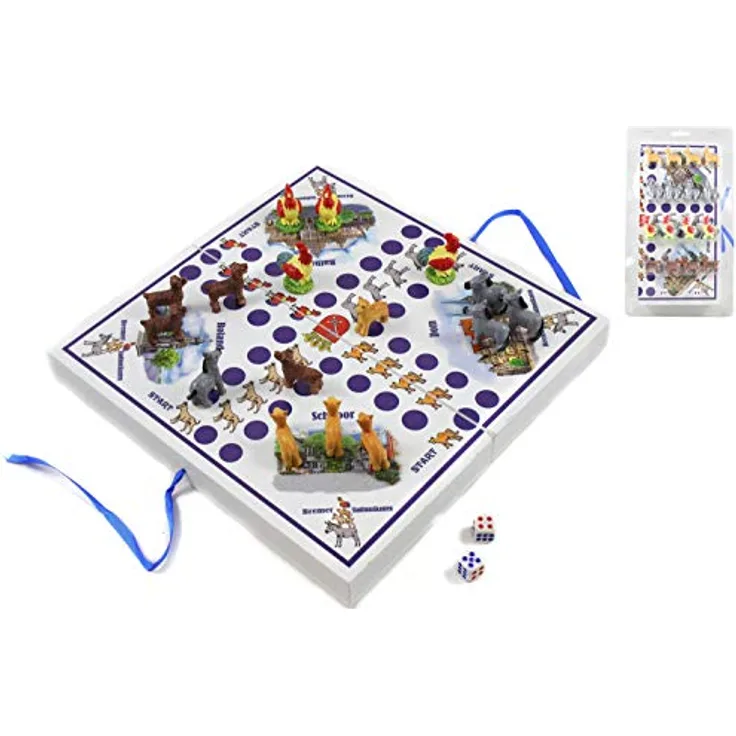 ELLUG Würfelspiel Bremen Stadtmusikanten, Brettspiel für 2-4 Personen, klappbares Holzbrett, 25x25cm, mit 16 Spielfiguren und 2 Würfeln