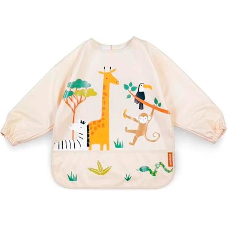 Miniland Wasserdichter Lätzchen mit Ärmeln, Kindergarten-Lätzchen für Babys, Jungle, praktische Druckknopfverschlüsse und große Auffangtasche – Bild 1