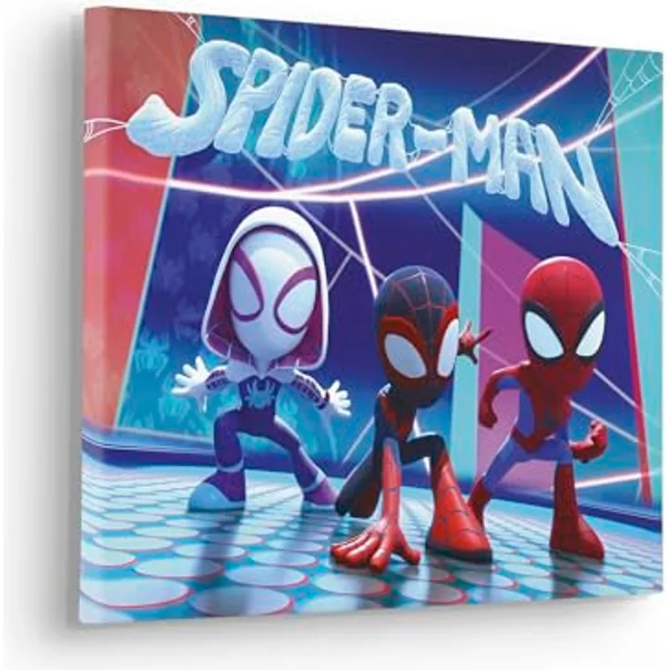Komar Keilrahmenbild - Spidey and His Amazing Friends Glowy Spideys - Größe 40 x 30 cm - Leinwandbild, Kinderzimmer, Marvel, Blau, Rot, Lila - Handgefertigtes Qualitätsgemälde aus Deutschland
