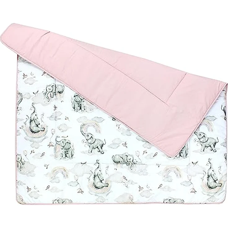 TupTam Krabbeldecke 120x120 cm - Gepolsterte Spieldecke aus 100% Baumwolle, OEKO-TEX, Weich & Hautfreundlich, Elefanten Regenbogen Grau Puderrosa – Bild 4