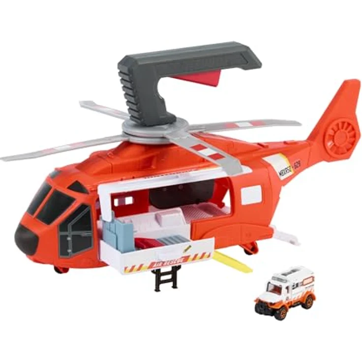 Matchbox Transport Helicopter, Rettungshubschrauber mit durch Bedienung aktivierbarem Propeller, Winde und 1:64 Die-Cast-Rettungswagen, 40 cm – Bild 1