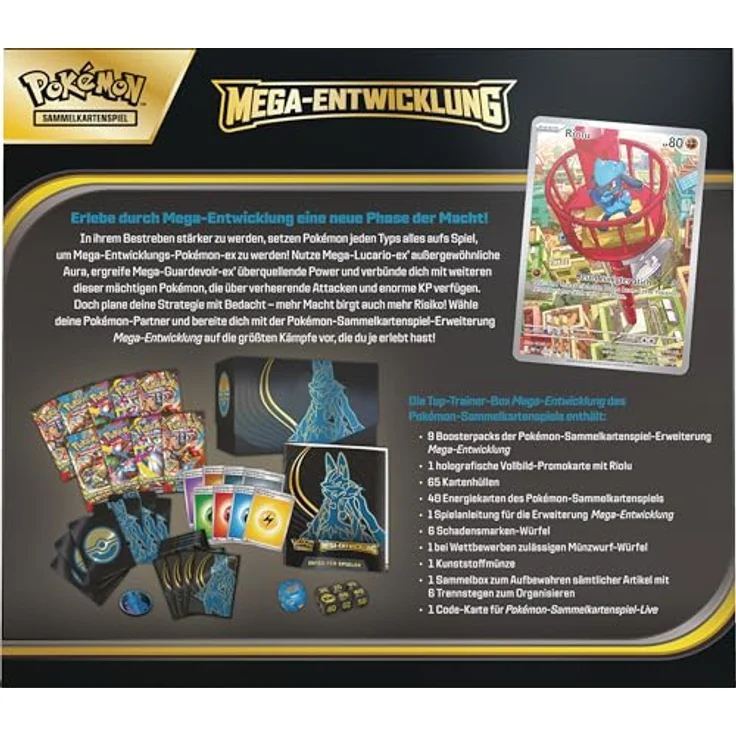 Pokémon Top-Trainer-Box Mega-Entwicklung: Lucario, mit 1 holografischer Vollbild-Promokarte, 9 Boosterpacks und Zubehör – Bild 4