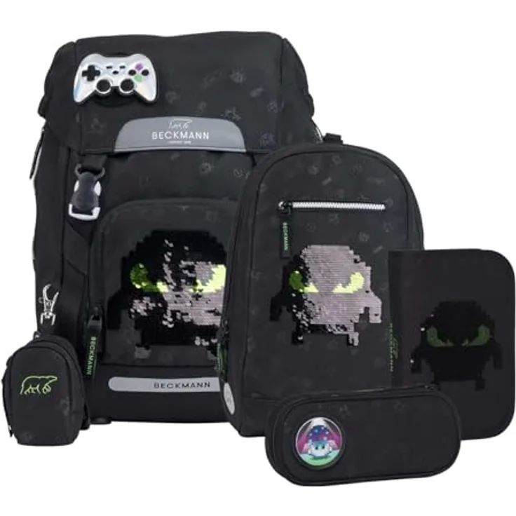 Beckmann Schulranzen Classic Set 6-teilig, 22L, ergonomisches Design, reflektierende Flächen, Pixel schwarz