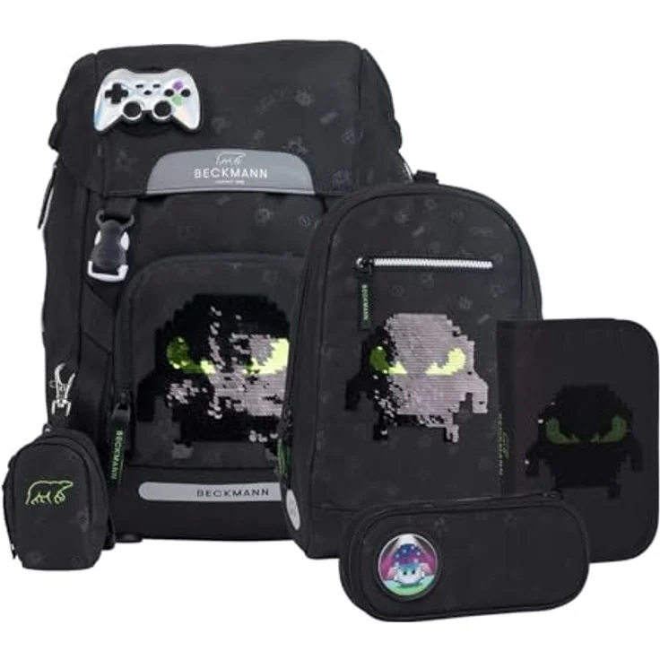 Beckmann Schulranzen Classic Set 6-teilig, 22L, ergonomisches Design, reflektierende Flächen, Pixel schwarz
