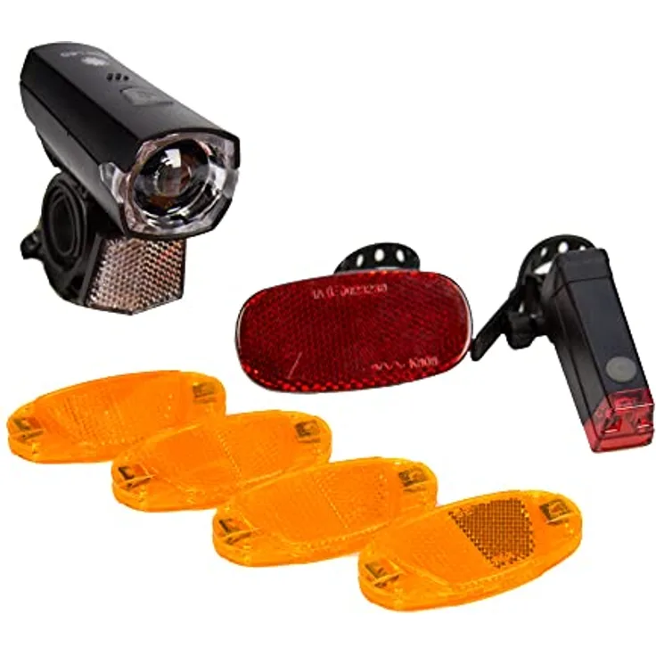 Fischer Fahrrad Beleuchtungs-Set 12 Lux, 7-teiliges Batterie-Leuchtenset, Front- und Rückleuchte, Reflektor und Speichenstrahler, Spritzwasserschutz nach IP44, StVZO-zugelassen