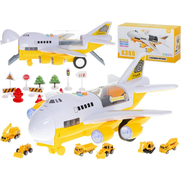 LA CUTE Flugzeugtransporter-Set mit Spielzeug-Flugzeug und Polizeiautos, Feuerwehrfahrzeugen oder Baustellenfahrzeugen, interaktive Soundeffekte, realistisch designte Spielzeuge für Kinder ab 3 Jahren.