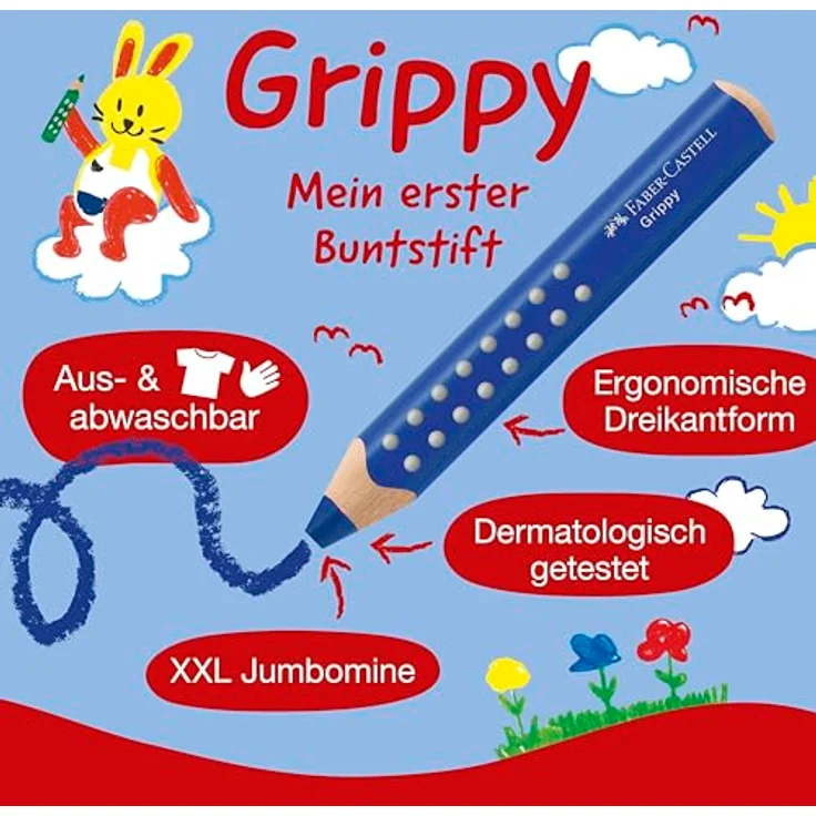 Faber-Castell Grippy 110645, Buntstift Set (16-tlg) mit ergonomischer Dreikantform und sicherem Anspitzer, bruchfest und wasservermalbar – Bild 6