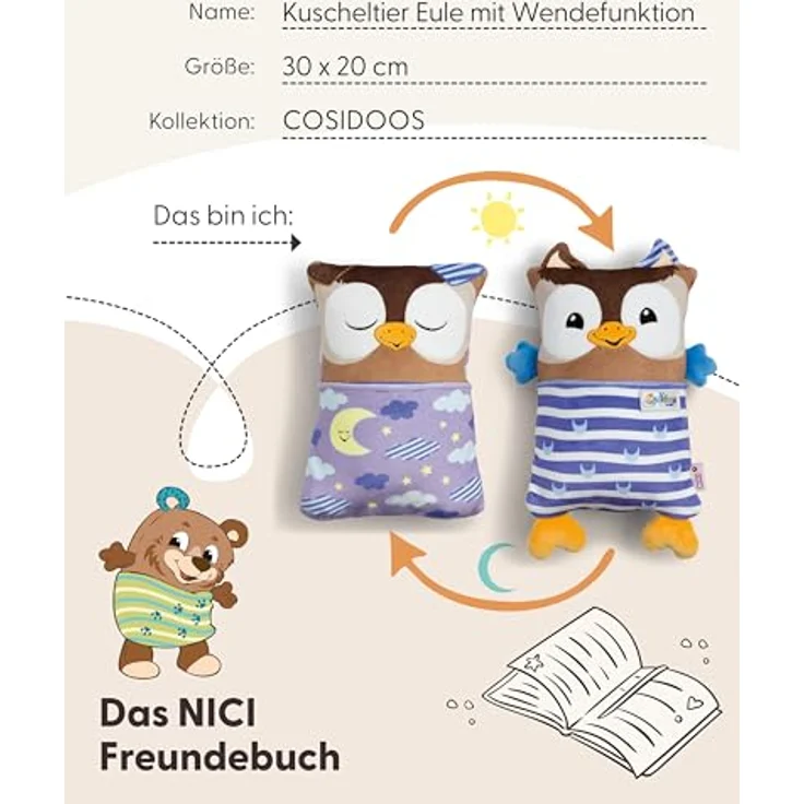 NICI Cosidoo Eule Wendekuscheltier, 30x20cm, braun, mit Stauraum für Schätze – Ideal zum Kuscheln & Spielen für Kinder – Bild 5