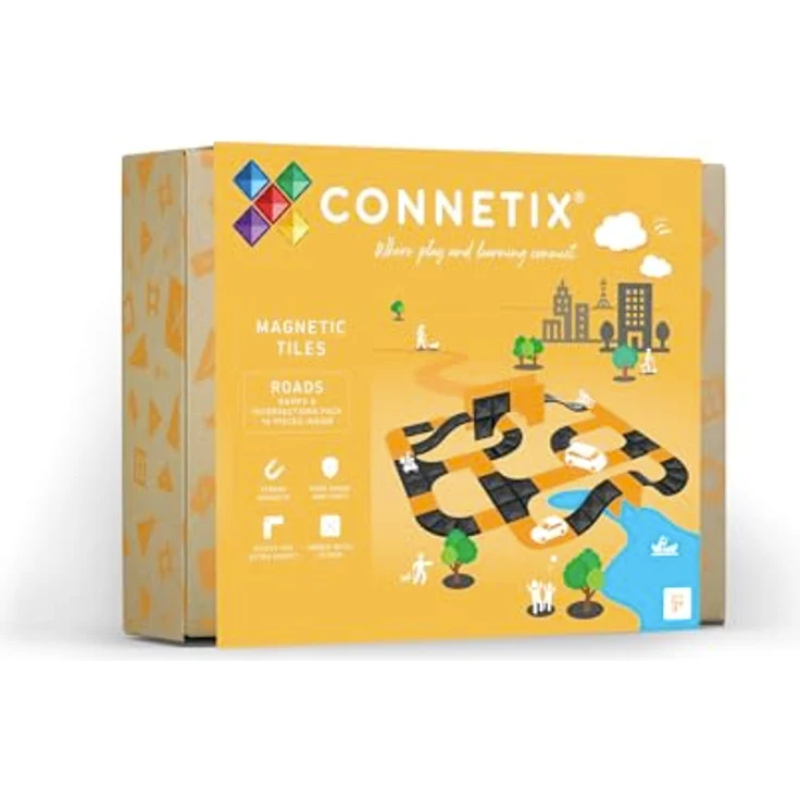 CONNETIX Magnetbausteine Straßen Rampen- und Kreuzungspaket, 16 Stück, schwarz - Erweiterte Bau- und Gestaltungsmöglichkeiten, kompatibel mit anderen Magnetfliesenmarken, sicher und ungiftig – Bild 1