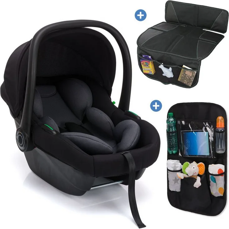 Fillikid Babyschale Neo SL, i-Size mit Newborn-Einsatz, Schwarz, für Neugeborene bis 15 Monate, inkl. Polsterschutz und Auto-Sitztasche