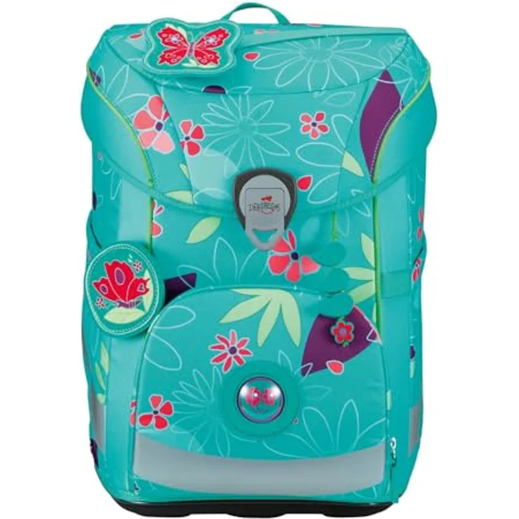 DerDieDas Schulranzen ErgoFlex Easy Set 6-teilig, großes Hauptfach, komfortable Träger, robustes Material, türkis, Butterfly Garden – Bild 2