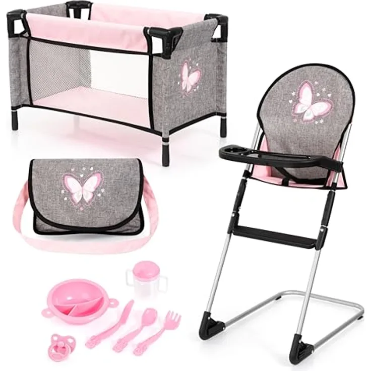 Bayer Design 61733AB Puppenmöbel Set, Puppenhochstuhl mit Esstablett, Puppenbett, Tasche, Schnuller und Zubehör, für Puppen bis 42 cm
