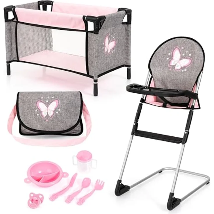 Bayer Design 61733AB Puppenmöbel Set, Puppenhochstuhl mit Esstablett, Puppenbett, Tasche, Schnuller und Zubehör, für Puppen bis 42 cm – Bild 1