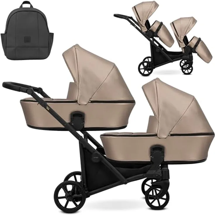 Kunert BRAV DUO Zwillingskinderwagen 2 in 1, Aluminiumrahmen mit Kunstleder, verstellbare Rückenlehnen, inkl. Zubehör 